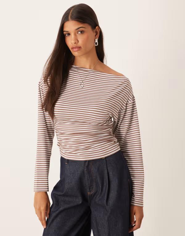 エイソス レディース トップス シャツ アシンメトリー ASOS DESIGN striped cinched asymmetric long sleeve top BROWN ブラウン｜ReVida 店 10,570円