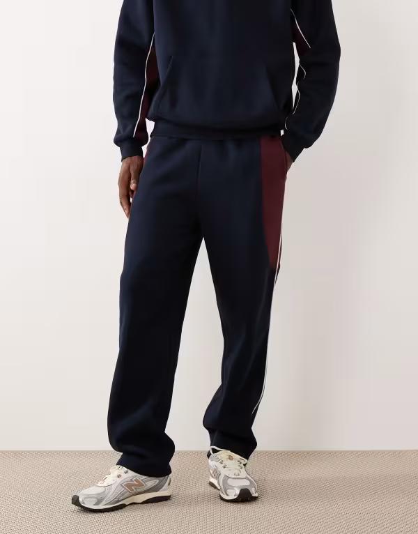 エイソス メンズ ボトムス カジュアルパンツ ストレート スウェットパンツ ASOS DESIGN straight leg sweatpants with cut and sew NAVY ネイビー