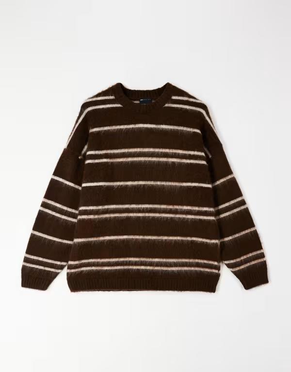 エイソス メンズ アウター ニット・セーター ASOS DESIGN oversized super fluffy knit sweater and ecru stripes BROWN ブラウン