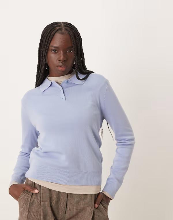 マンゴ レディース トップス ポロシャツ ニット Mango knit polo top in pale blue ブルー｜ReVida 店