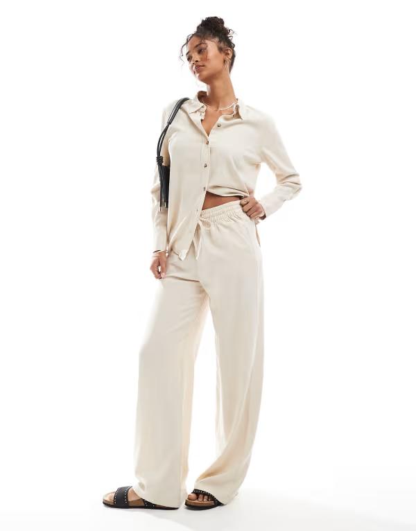 ジェイディーワイ レディース ボトムス カジュアルパンツ ワイドレッグ リネン JDY wide leg linen mix pants in stone - part of a set Oatmeal オートミール