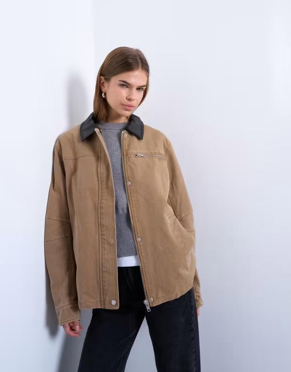 トップショップ レディース アウター ジャケット・ブルゾン コントラスト Topshop zip up tan barn jacket with contrast PU collar in tan タン 28,324円