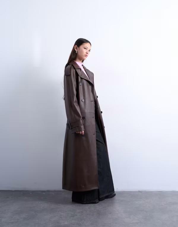 トップショップ レディース アウター コート レザー フェイクレザー Topshop bubble PU faux leather trench coat BROWN ブラウン