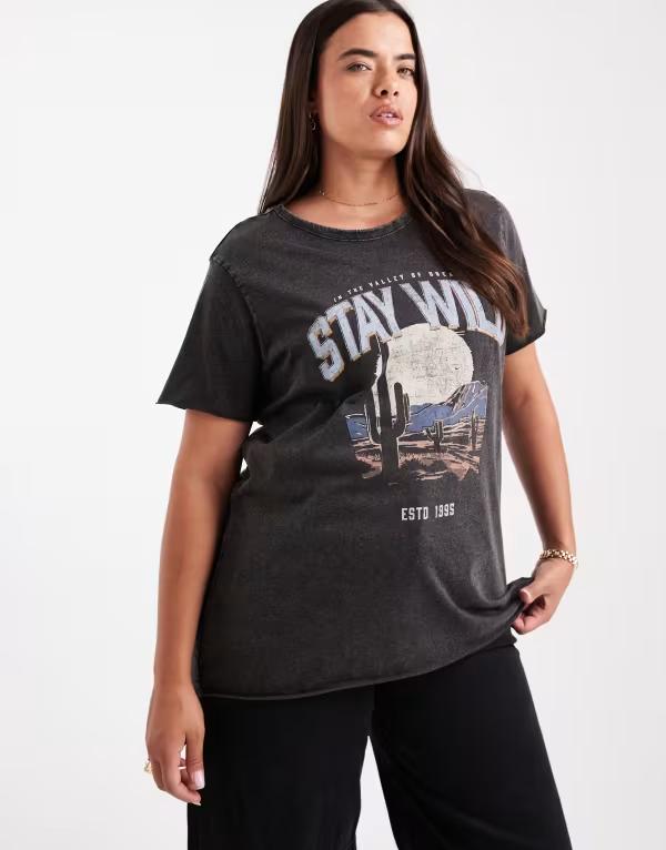 オンリーカーブ レディース トップス Tシャツ プリント ONLY Curve Stay Wild print-shirt Black ブラック