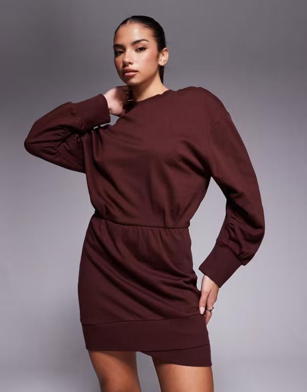 エイソス レディース トップス ワンピース ミニ コットン ASOS DESIGN cotton wrap over mini sweat dress in chocolate チョコレート