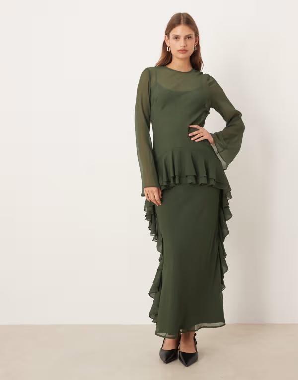 エイソス レディース トップス 衣装 シフォン マキシ ASOS DESIGN long sleeve frill hem chiffon maxi dress インチ dark GREEN 緑であること