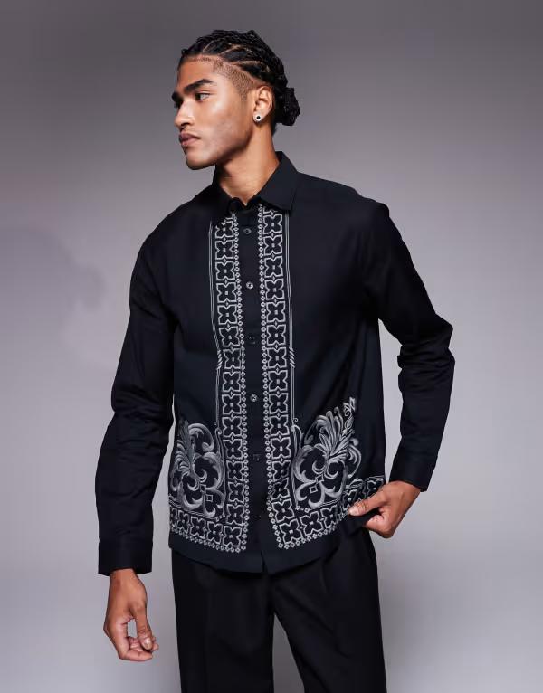 エイソス メンズ トップス シャツ ASOS DESIGN relaxed shirt with border embroidery Black ブラック｜ReVida 店