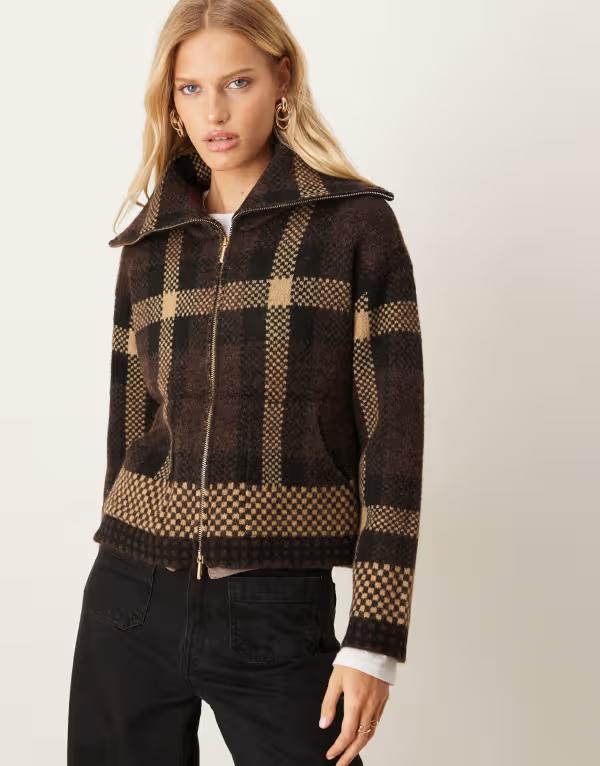 ジェイディーワイ レディース アウター ジレー JDY open collar zip cardigan check BROWN 赤銅色