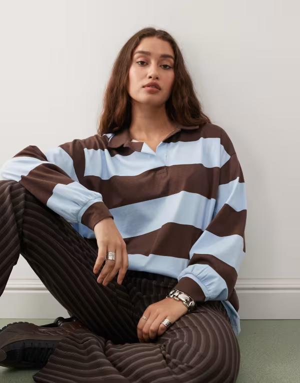 コルージョン レディース トップス Tシャツ COLLUSION striped rugby top in boxy fit blue stripe BLUE BROWN STRIPE ブルー 12,586円