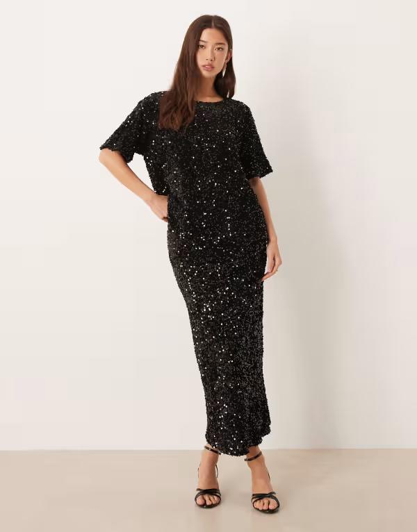 別業 レディース 下つ方スコート スパンコール マキシ Vila sequin \u0026 velour maxi skirt - part of a set Black 黒いこと レディースファッション-スカート-ボトムス