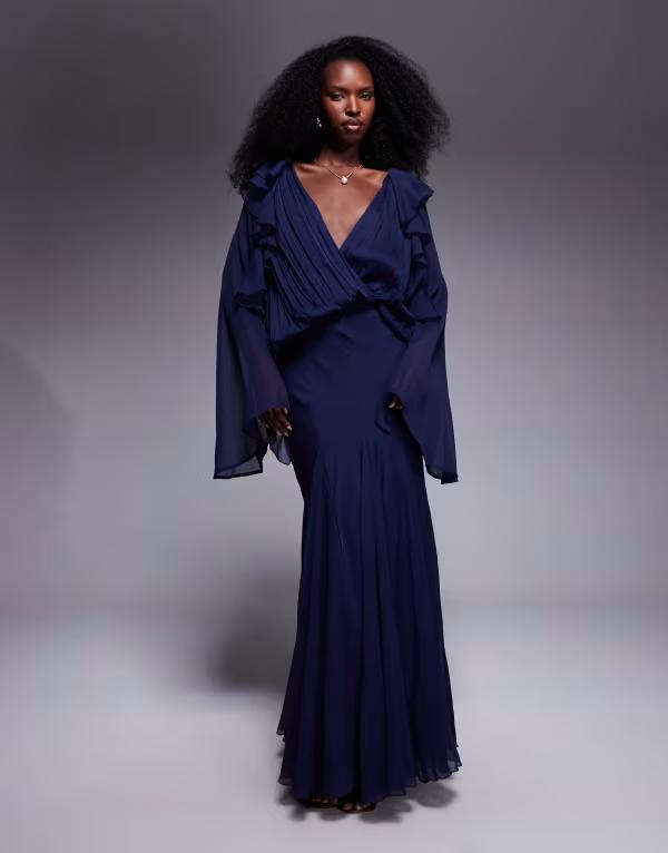 エイソス レディース トップス 衣装 フラウンス マキシ ASOS DESIGN slouchy hip ruffle maxi dress with godets NAVY 米国海軍