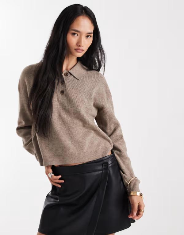 ヴェロモーダ レディース アウター ニット・セーター ポロシャツ Vero Moda polo neck button front sweater in mink Silver Mink MELANGE ミンク