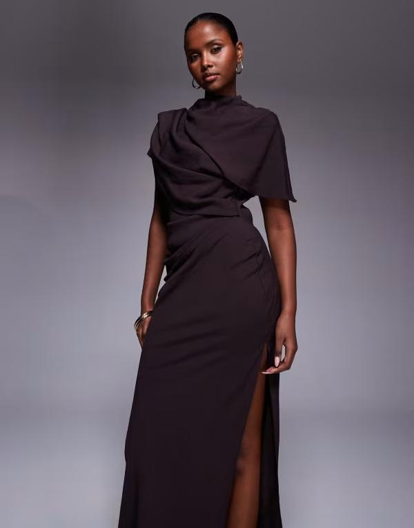 エイソス レディース トップス ワンピース ケープデザイン ハイネック ドレープ キャップ ケープ マキシ ASOS DESIGN high neck draped bodice cape maxi dress in chocolate チョコレート