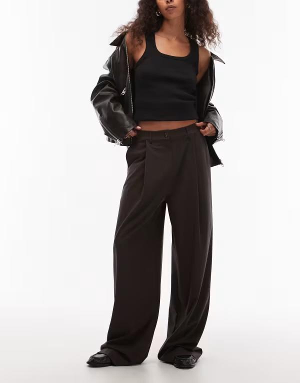 エイソス レディース ボトムス カジュアルパンツ ワイドレッグ ASOS DESIGN tailored wide leg dad pants in chocolate チョコレート