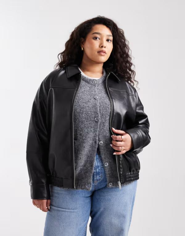 ヴェロモーダ レディース アウター ジャケット・ブルゾン レザー Vero Moda Curve zip front leather-look harrington jacket Black ブラック