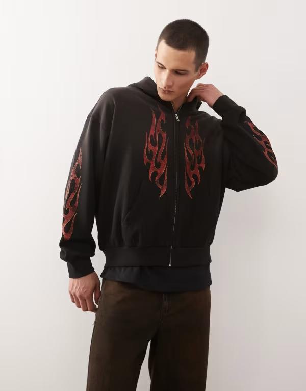ウィークデイ メンズ アウター パーカー・スウェット フルジップ グラフィック Weekday zip throughoodie with flame graphic in washed black ブラック