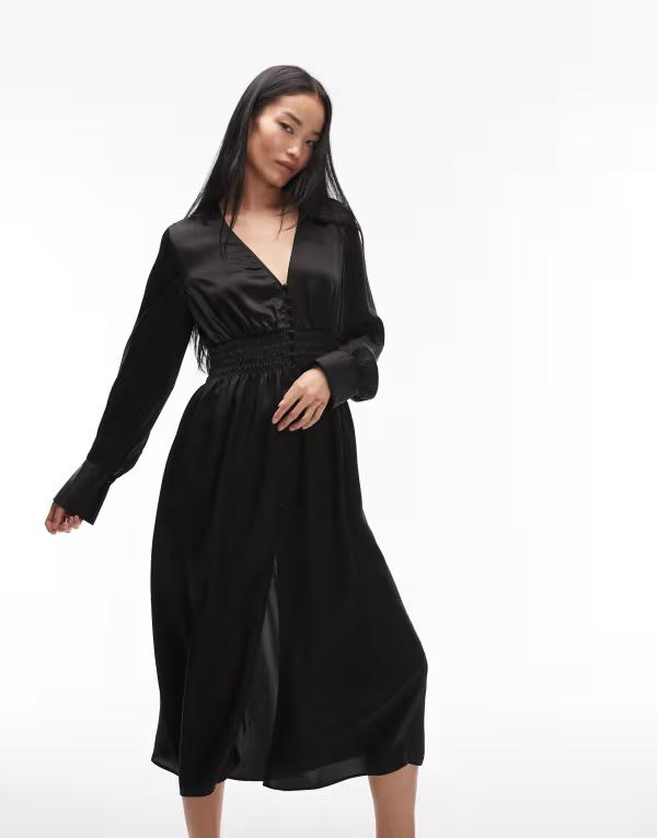 アンドアザーストーリーズ レディース トップス ワンピース Vネック ミディ & Other Stories deep v-neck midi dress with cuff detailing Black ブラック｜ReVida 店 17,266円
