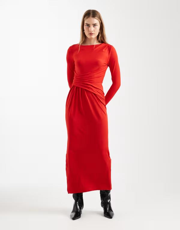 エイソス レディース トップス 衣装 ドレープ マキシ ASOS DESIGN modalong sleeve drape maxi dress RED 赤いこと