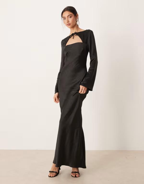 エイソス レディース トップス ワンピース サテン マキシ ASOS DESIGN long sleeve satin maxi dress Black ブラック