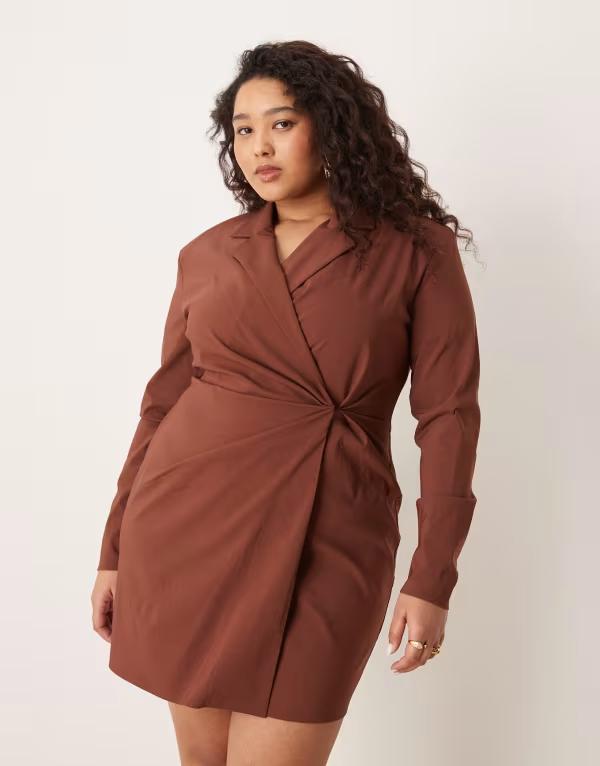 エイソス レディース トップス ワンピース ミニ ブレザー ASOS Curve ASOS DESIGN Curve cinched blazer mini dress in chocolate チョコレート