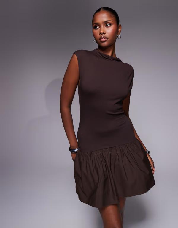 エイソス レディース トップス 衣装 ミニ スコート ASOS DESIGN grown oneck mini dress with poplin mix skirt BROWN 赤銅色