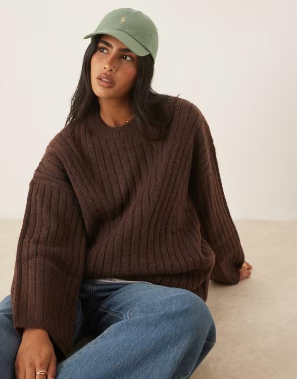 エイソス レディース アウター ニット・セーター リブニット クルーネック ASOS DESIGN longline crew neck rib knit sweater in chocolate チョコレート