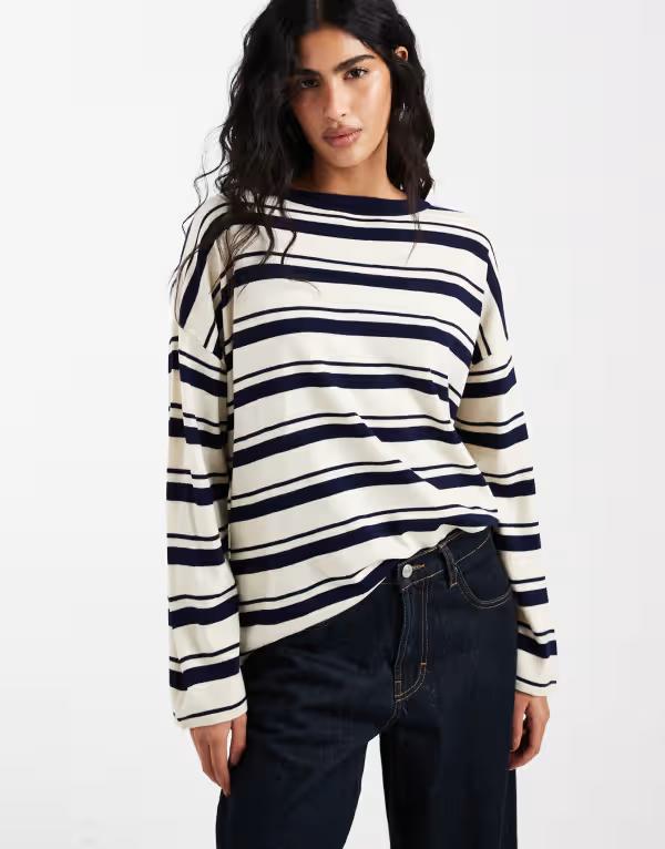コルージョン レディース アウター ニット・セーター クルーネック COLLUSION striped crew neck sweater Blue stripe ブルー|ReVida 店