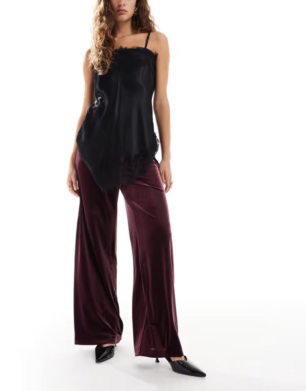 ミスセルフフリッジ レディース ボトムス 心地好いズボン下 ワイドレッグ 天鵞絨 Misselfridge tailored velvet wide leg pants インチ berry