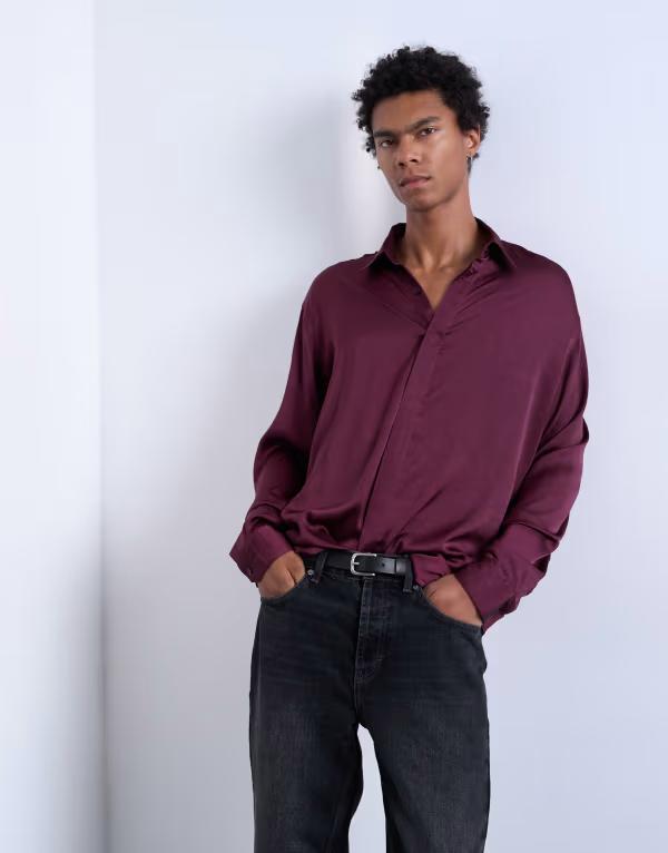 いの一番マン メンズ トップス プルオーバー オーバーサイズフィット Topman oversized fit sateen shirt Burgundy バーガンディ