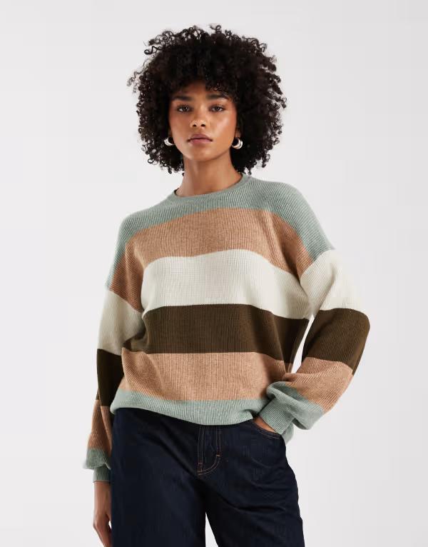 オンリー レディース アウター 編み物・プルオーバー ONLY dropped shoulderstriped sweater HEDGE カーキ トップス-ニット・セーター