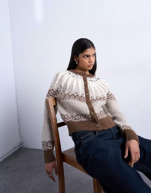 とっ始め販売店 レディース アウター ジレー 編み物 Topshop knit chunky fairisle cardigan ineutral Biege