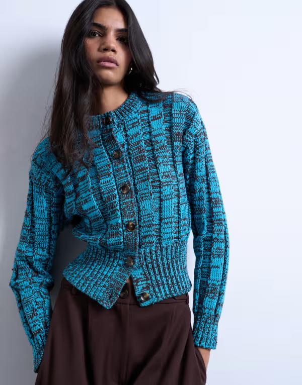 トップショップ レディース アウター カーディガン ニット Topshop knit chunky cinch waistwist cardigand chocolate Blue and Chocolate ブルー