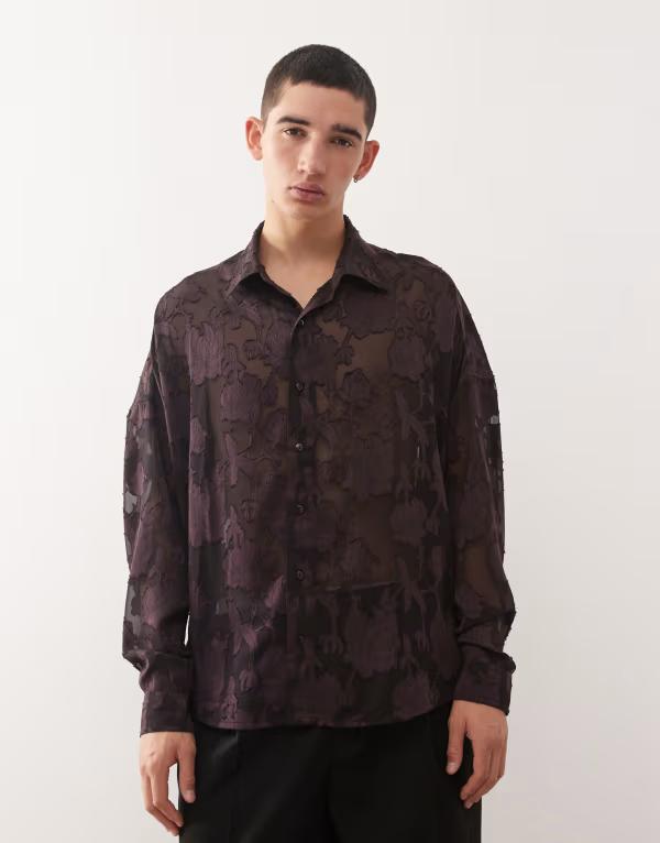 リクレイム ヴィンテージ レディース トップス シャツ フラワー柄 クロップド レース フラワー Reclaimed Vintage Limitedition cropped shirt floralace applique brown ブラウン