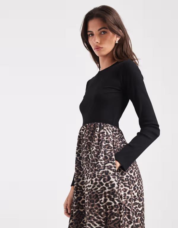 スリードベア レディース トップス ワンピース プリント ミディ スカート コントラスト Threadbare long sleeve midi dress with contrast leopard print skirt Black ブラック