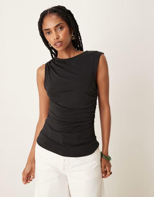 エイソス レディース トップス Tシャツ ノースリーブ ASOS DESIGN modal wrap detail sleeveless top Black ブラック
