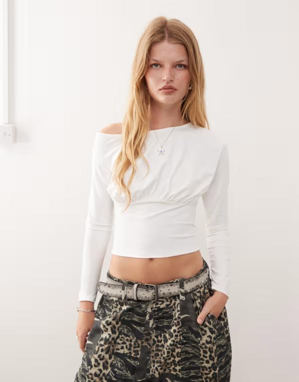 コルージョン レディース トップス シャツ ウエストマーク メッシュ オフショルダー COLLUSION off-shoulder cinched waist long sleeve top tissue mesh WHITE ホワイト 9,485円