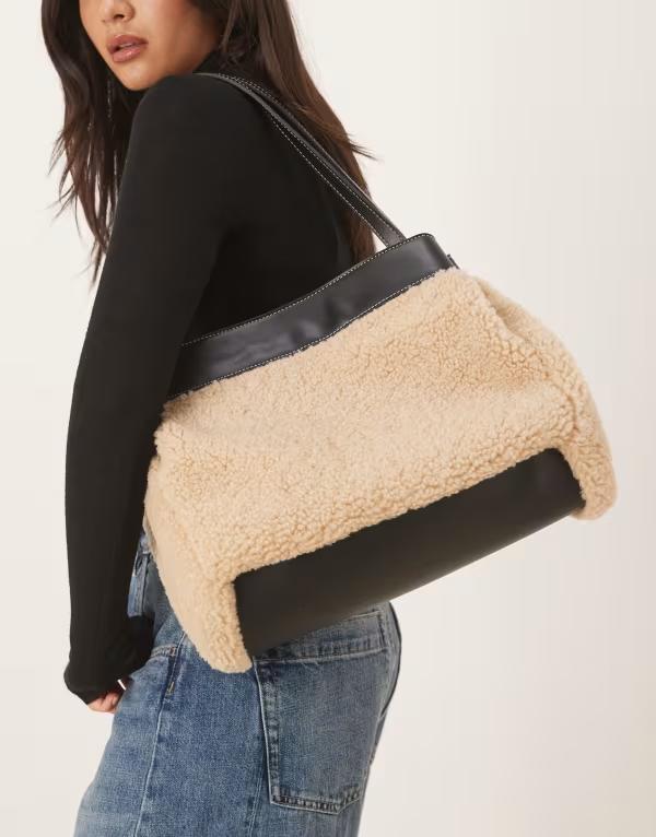 エイソス レディース 御徒面子 対比 ASOS DESIGN faux shearling tote with contrast panel インチ oatmeal オートミール バッグ・小物・ブランド雑貨-バッグ