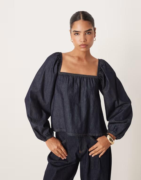 エイソス レディース トップス シャツ デニム ASOS DESIGN denim long sleeve swing top in rinse wash INDIGO インディゴ