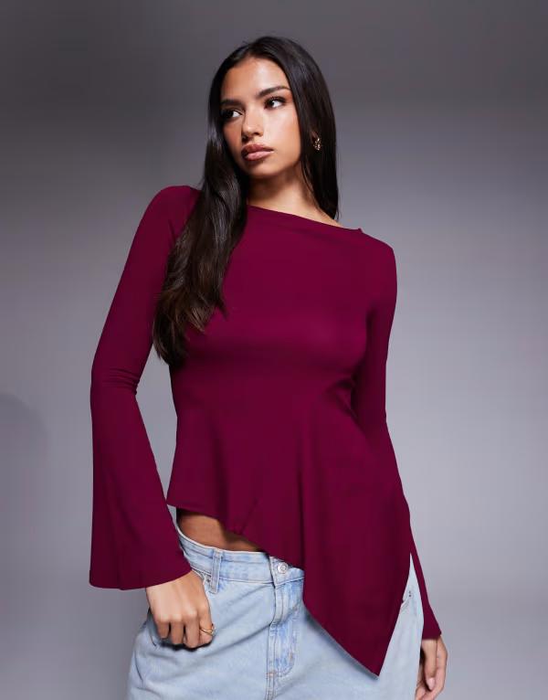 エイソス レディース トップス シャツ ASOS DESIGN godet insert long sleeve top with fluted sleeves in plum プラム