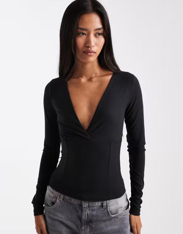 コットンオン レディース トップス プルオーバー Cotton zali crossover long sleeve top Black 黒いこと