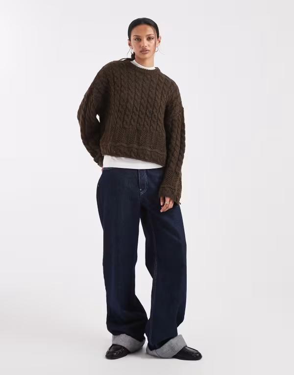 ピーシーズ レディース アウター ニット・セーター Pieces cable knit sweater in chocolate Morel ブラウン