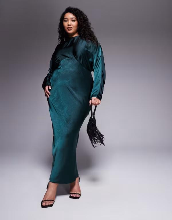 エイソス レディース トップス ワンピース サテン マキシ ASOS Curve ASOS DESIGN Curve satin batwing maxi dress in forest GREEN グリーン