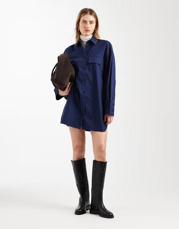 エイソス レディース トップス 衣装 ミニ プルオーバー ASOS DESIGN long sleeve mini shirt dress with front pockets Navy 米国海軍