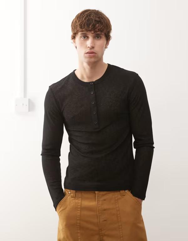 コルージョン メンズ トップス Tシャツ ボタンダウン メッシュ ダウン COLLUSION Long sleeve meshenley button down T-shirt Black ブラック 11,005円