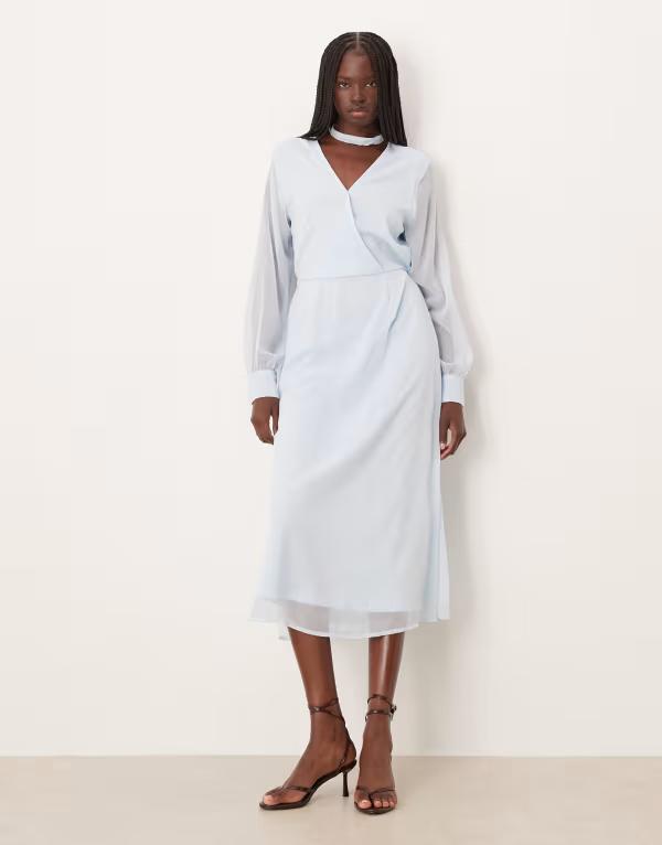 ヴィラ レディース トップス ワンピース Vネック ミディ VILA long sleeve v-neck midi dress in light Nantucket breeze ブルー｜ReVida 店