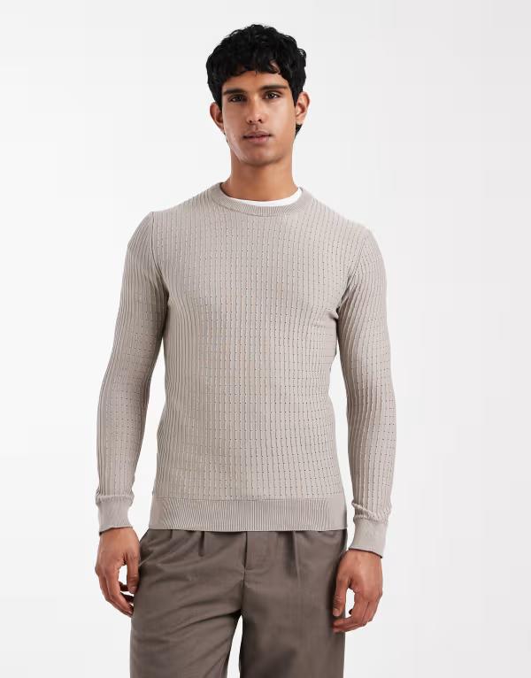 リバーアイランド メンズ アウター ニット・セーター River Island textured muscle fit knit sweater in light Gray グレー|ReVida 店