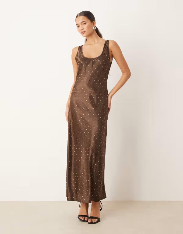 マンゴ レディース トップス 衣装 マキシ Mango racer neck maxi dress with embellishments インチ chocolate 黒茶