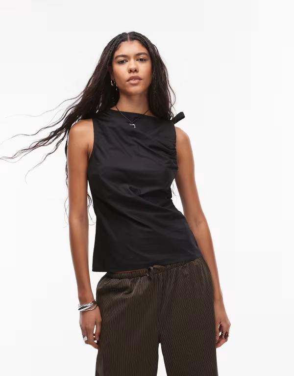 トップショップ レディース トップス タンクトップ ギャザー ノースリーブ Topshopoplin ruched shoulder sleeveless top Black ブラック