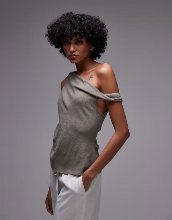 トップショップ レディース トップス タンクトップ リネン Topshop linen twist shoulder top GREEN グリーン