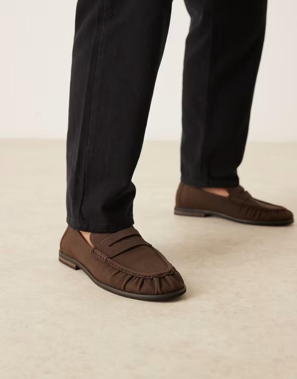 エイソス メンズ シューズ スリッポン・ローファー ASOS DESIGN penny loafers with ruching BROWN ブラウン